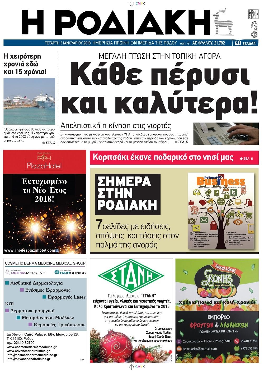 Πρωτοσέλιδο εφημερίδας Ροδιακή