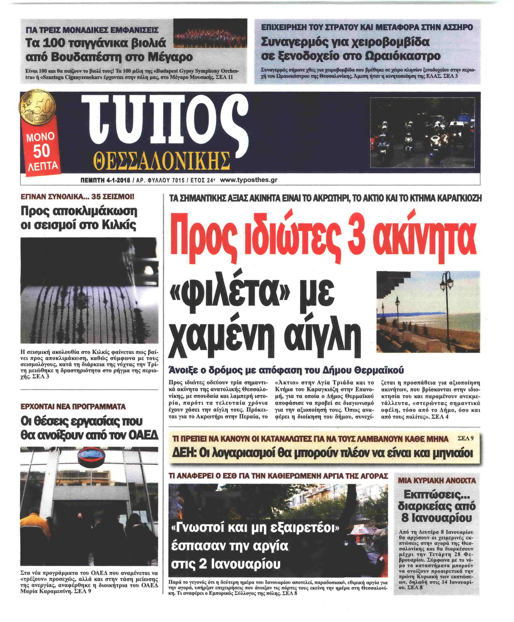 Πρωτοσέλιδο εφημερίδας Τύπος Θεσσαλονίκης