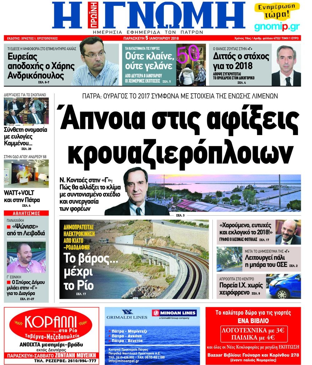 Πρωτοσέλιδο εφημερίδας Γνώμη της Πάτρας