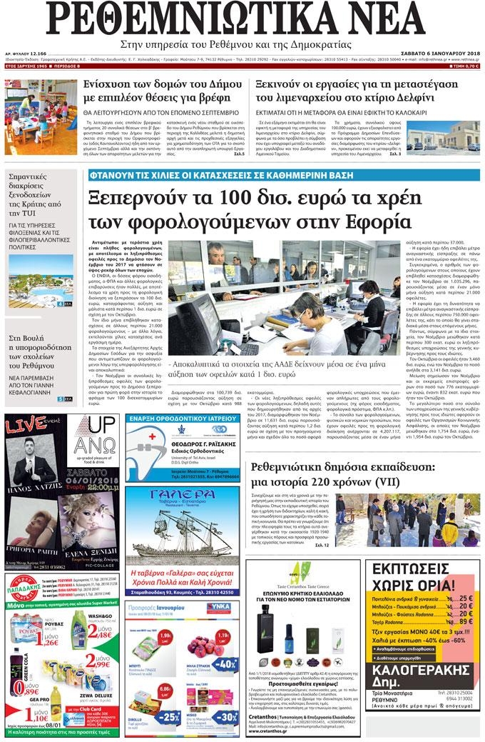 Πρωτοσέλιδο εφημερίδας Ρεθεμνιώτικα Νέα