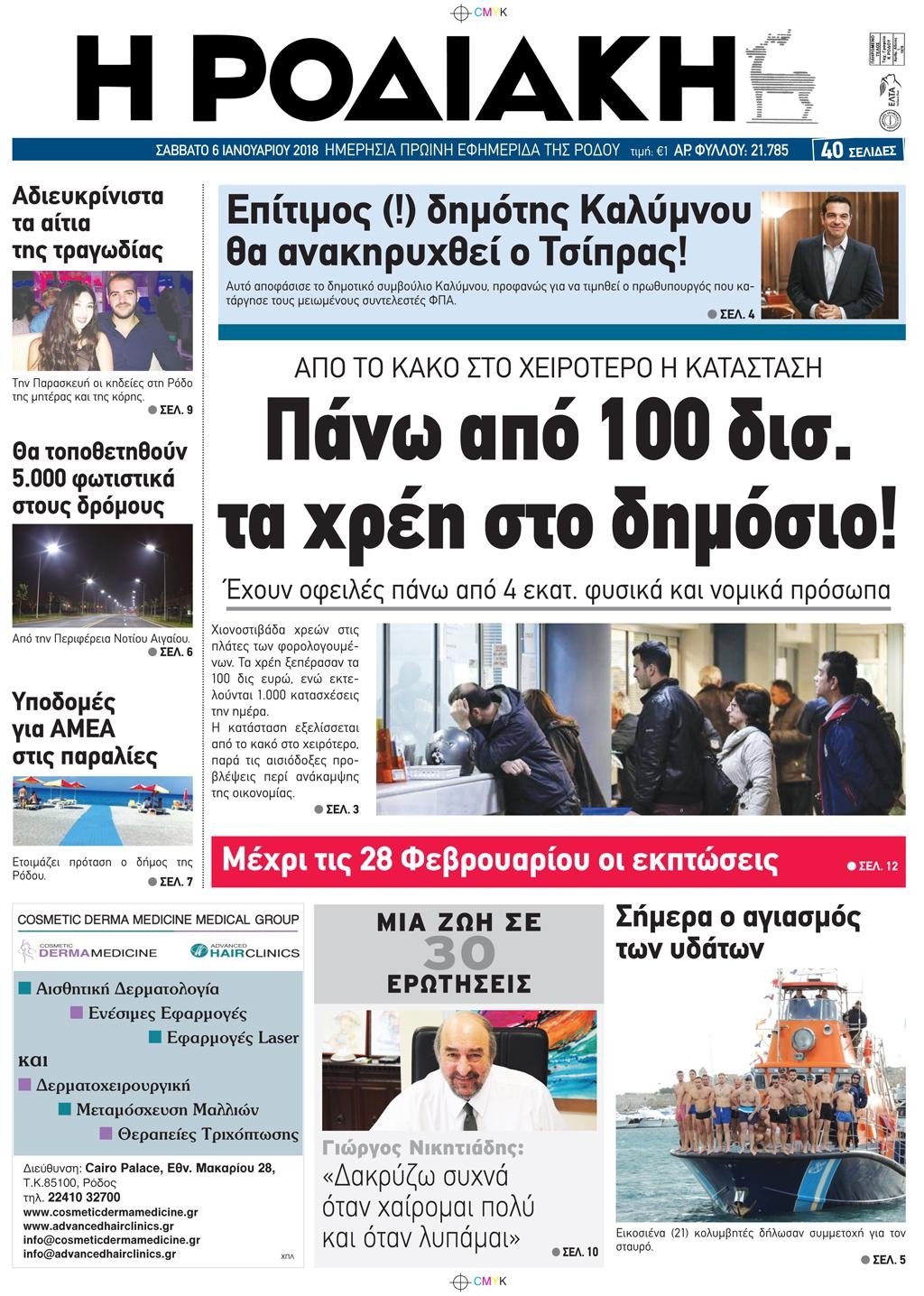 Πρωτοσέλιδο εφημερίδας Ροδιακή