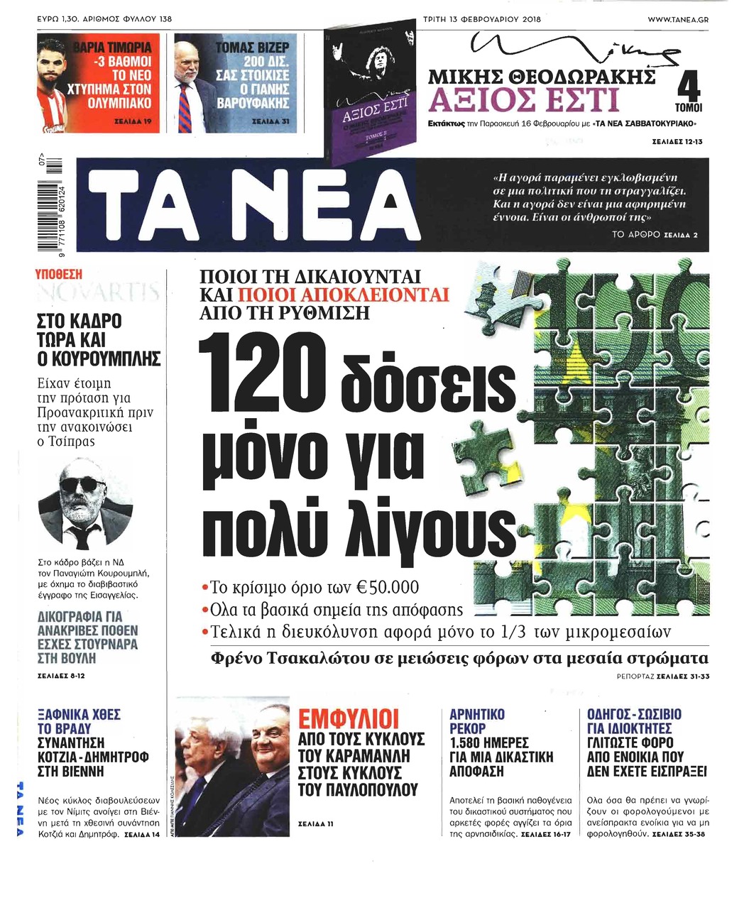 Πρωτοσέλιδο εφημερίδας Τα Νέα