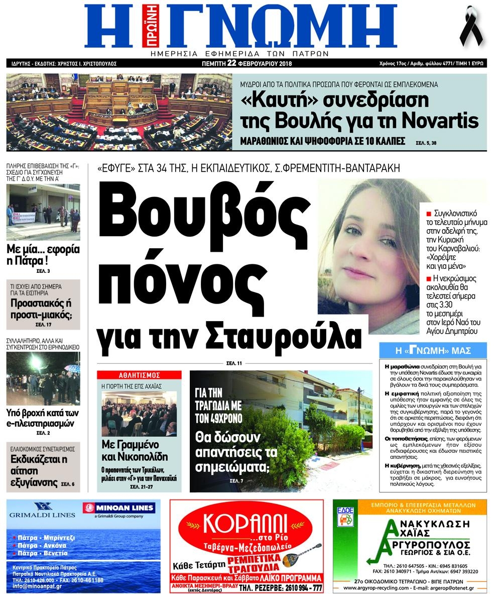 Πρωτοσέλιδο εφημερίδας Γνώμη της Πάτρας