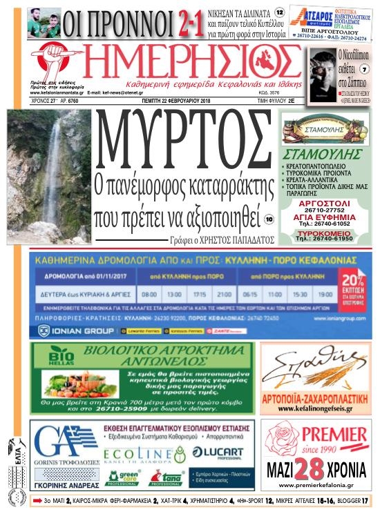 Πρωτοσέλιδο εφημερίδας Ημερήσιος