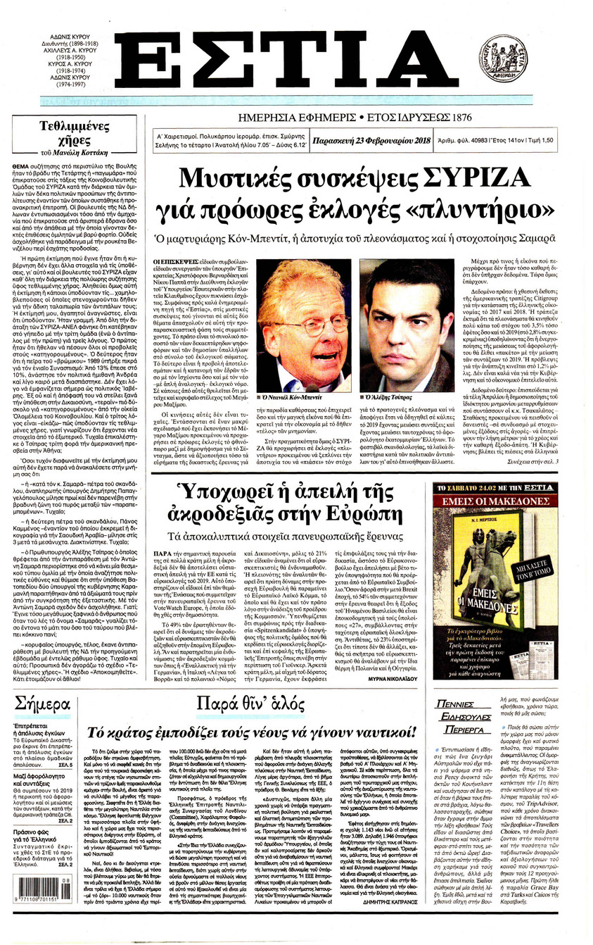 Πρωτοσέλιδο εφημερίδας Εστία