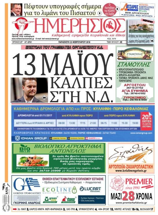 Πρωτοσέλιδο εφημερίδας Ημερήσιος