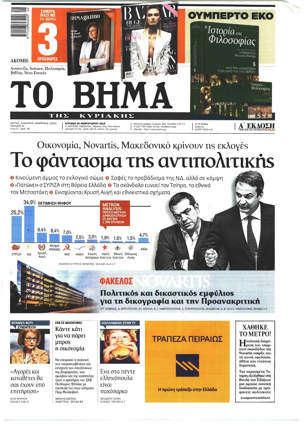 Πρωτοσέλιδο εφημερίδας Το Βήμα της Κυριακής