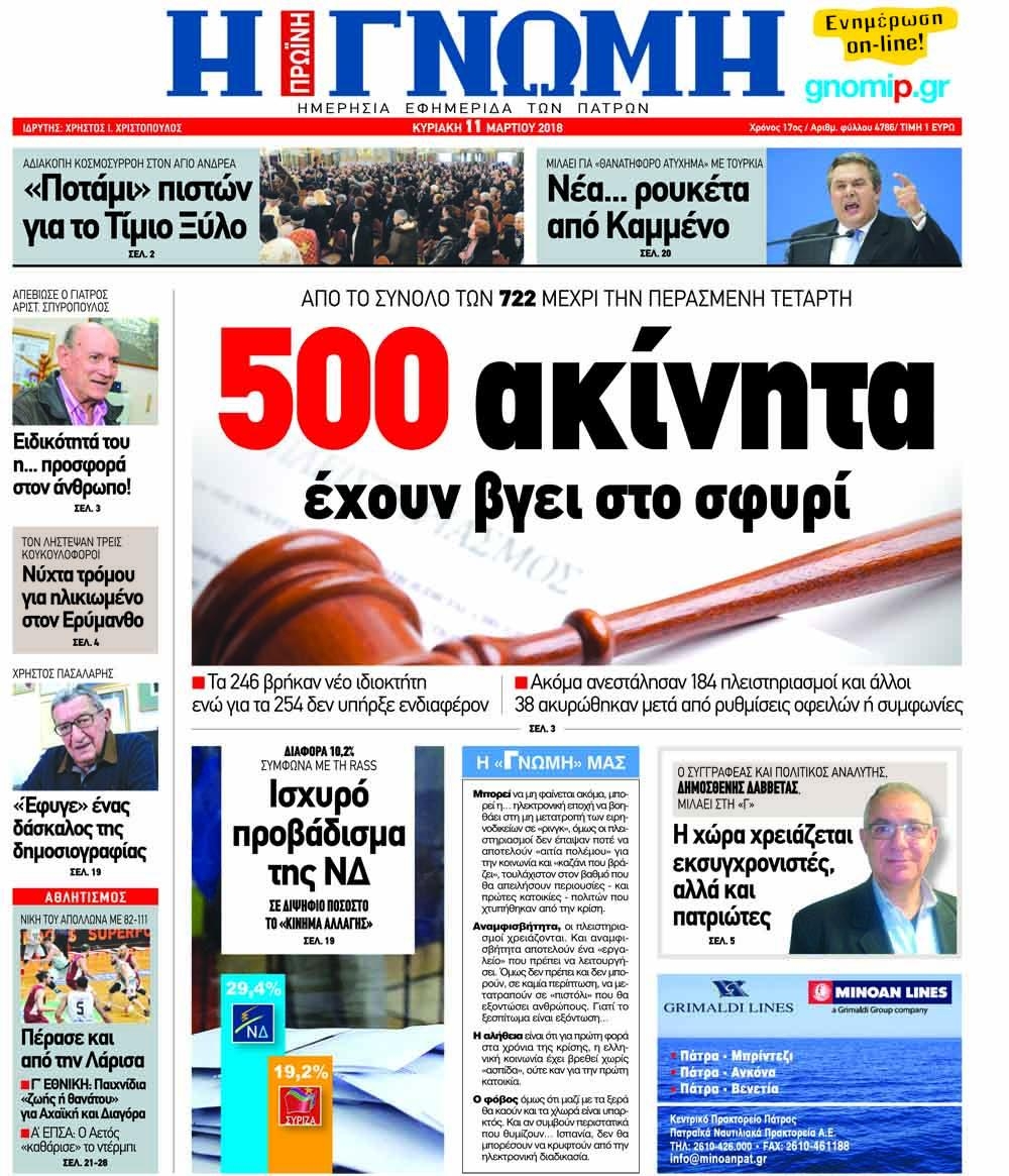 Πρωτοσέλιδο εφημερίδας Γνώμη της Πάτρας