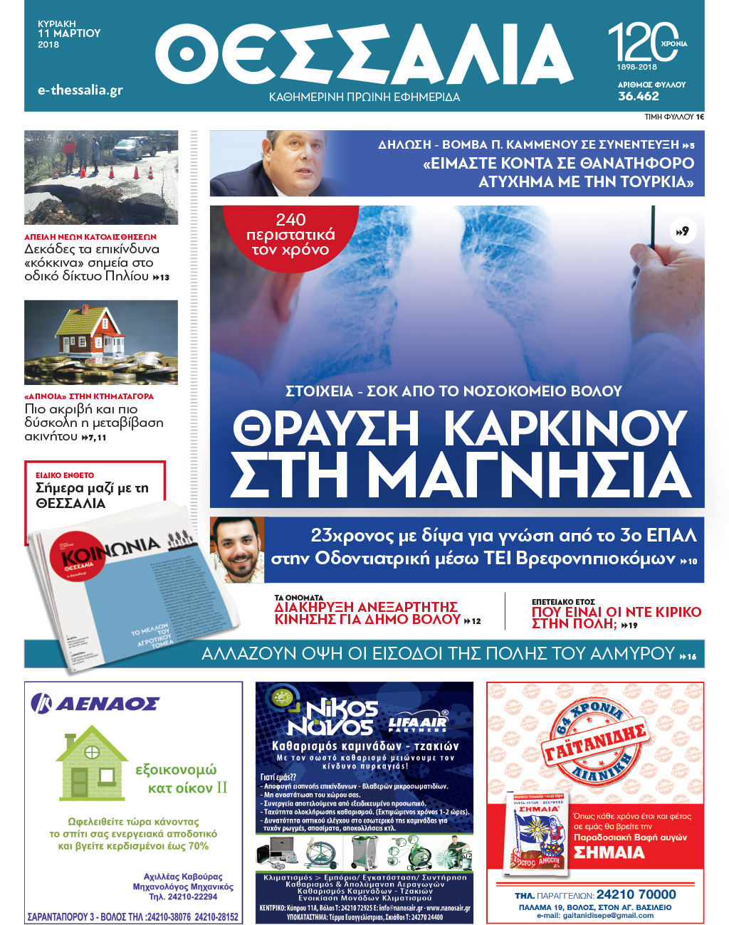 Πρωτοσέλιδο εφημερίδας Θεσσαλία