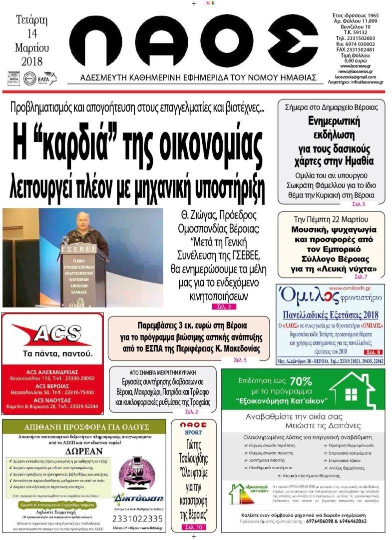 Πρωτοσέλιδο εφημερίδας Λαός Βέροιας