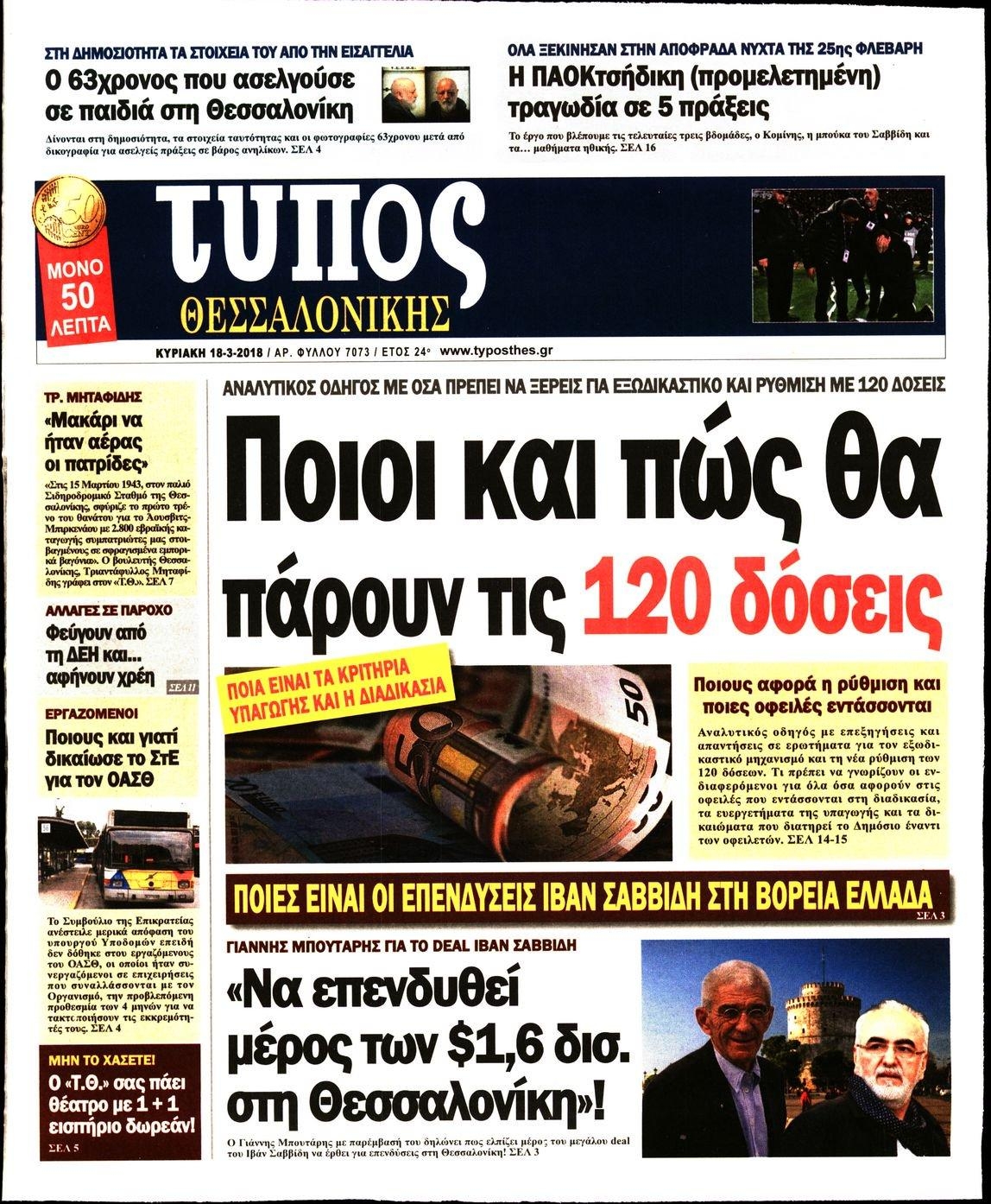 Πρωτοσέλιδο εφημερίδας Τύπος Θεσσαλονίκης