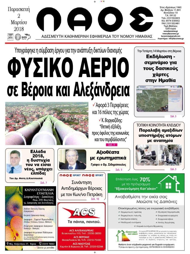 Πρωτοσέλιδο εφημερίδας Λαός Βέροιας