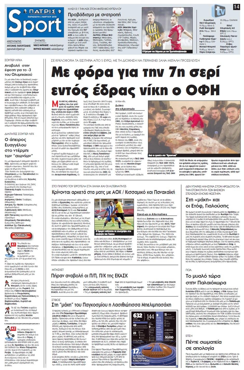 Πρωτοσέλιδο εφημερίδας Πατρίς Σπορ
