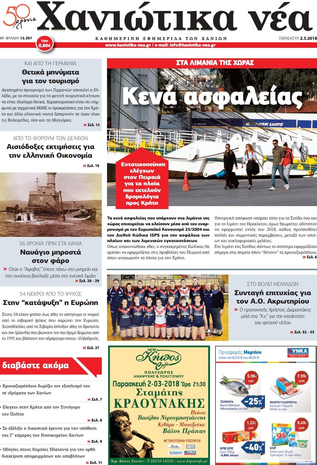 Πρωτοσέλιδο εφημερίδας Χανιώτικα Νέα