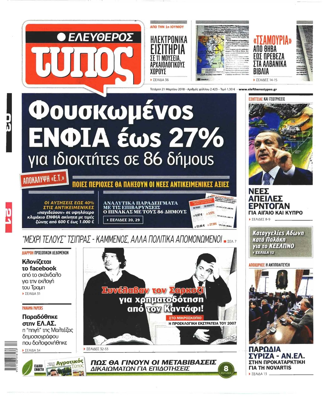 Πρωτοσέλιδο εφημερίδας Ελεύθερος Τύπος