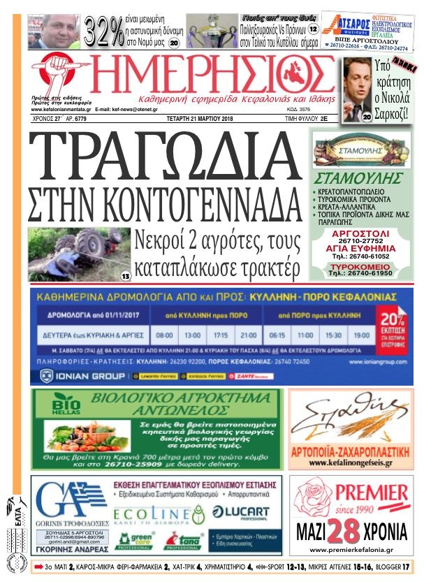 Πρωτοσέλιδο εφημερίδας Ημερήσιος