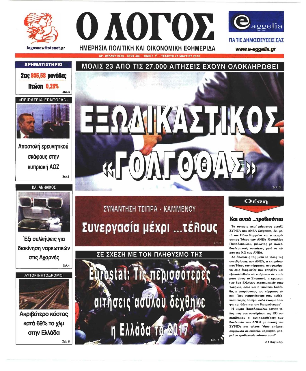 Πρωτοσέλιδο εφημερίδας Λόγος