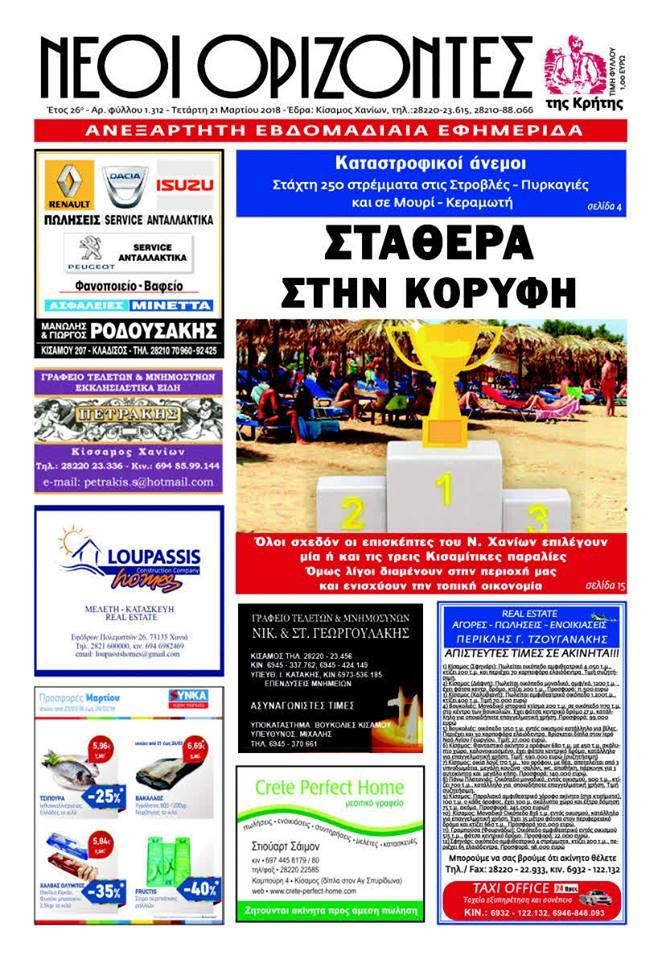 Πρωτοσέλιδο εφημερίδας Νέοι Ορίζοντες