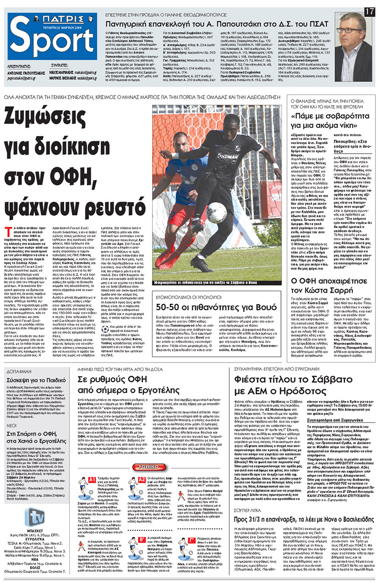 Πρωτοσέλιδο εφημερίδας Πατρίς Σπορ
