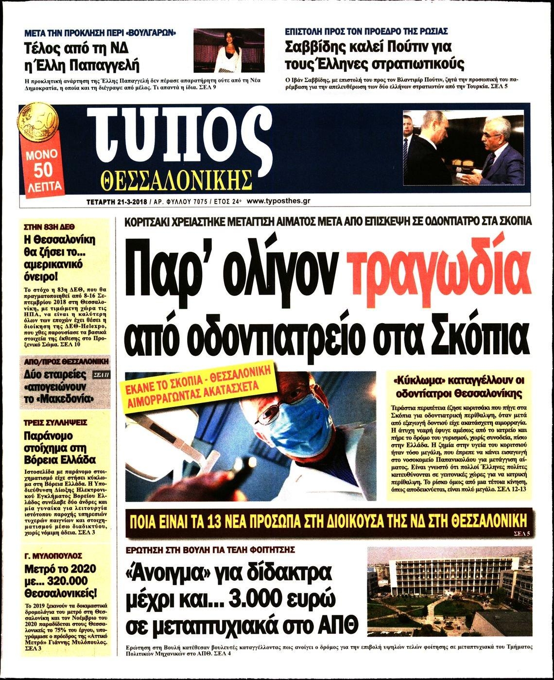 Πρωτοσέλιδο εφημερίδας Τύπος Θεσσαλονίκης
