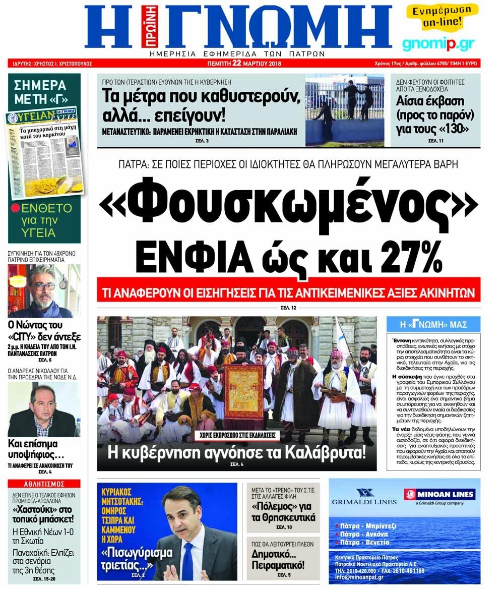 Πρωτοσέλιδο εφημερίδας Γνώμη της Πάτρας