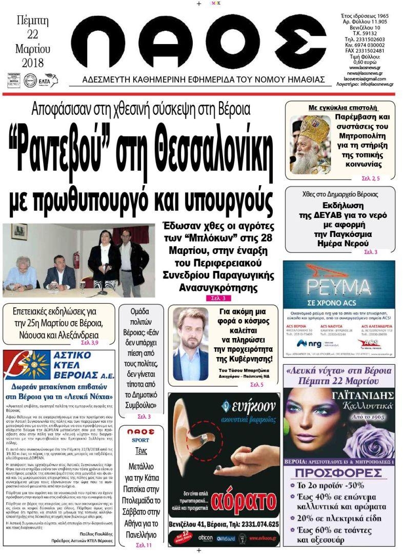 Πρωτοσέλιδο εφημερίδας Λαός Βέροιας