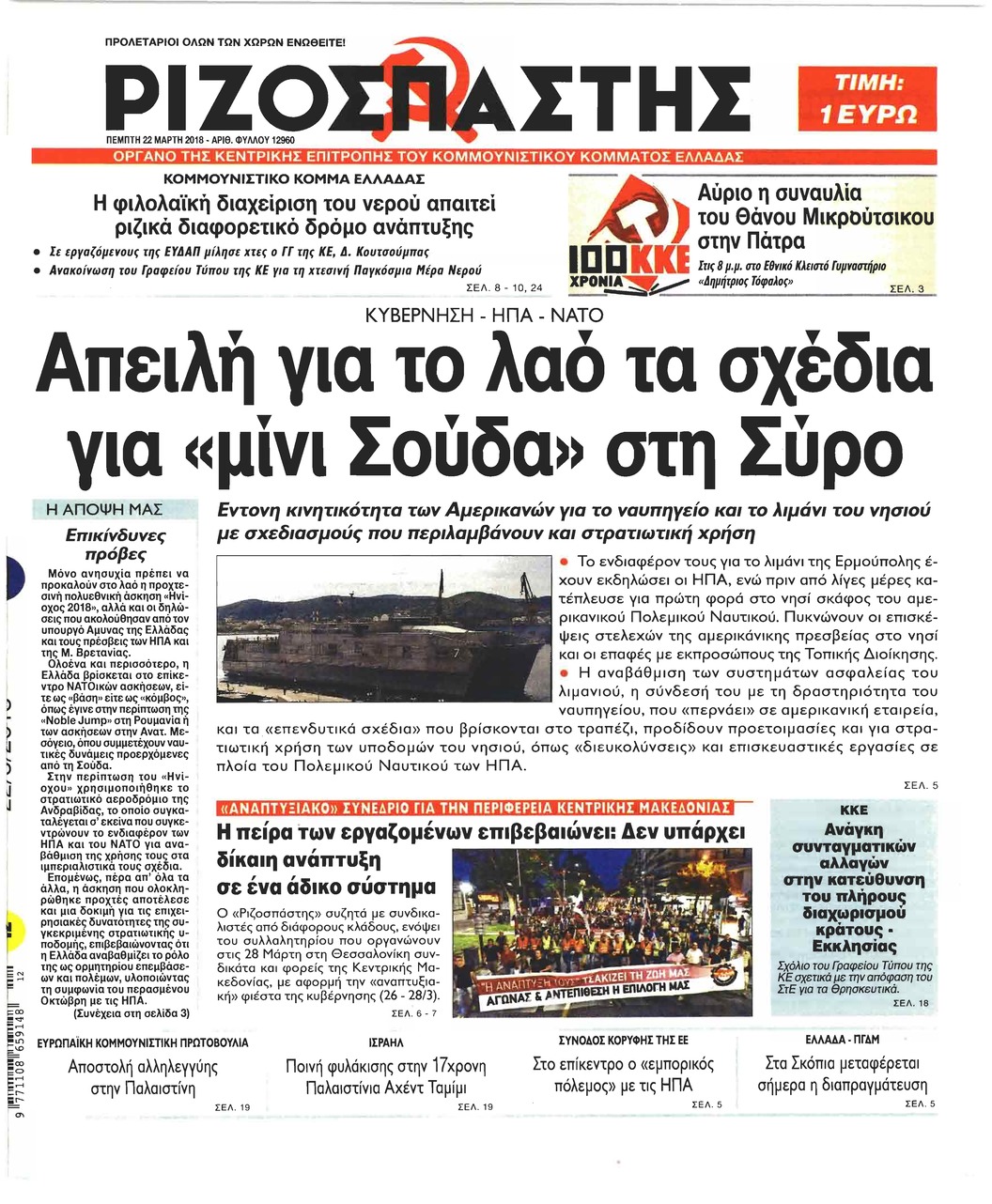 Πρωτοσέλιδο εφημερίδας Ριζοσπάστης