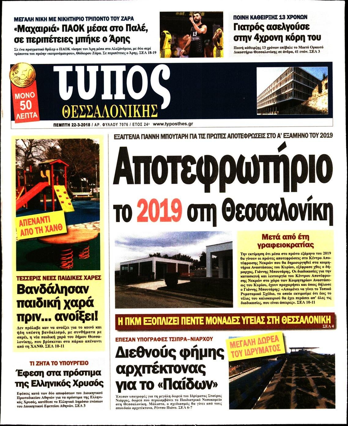 Πρωτοσέλιδο εφημερίδας Τύπος Θεσσαλονίκης