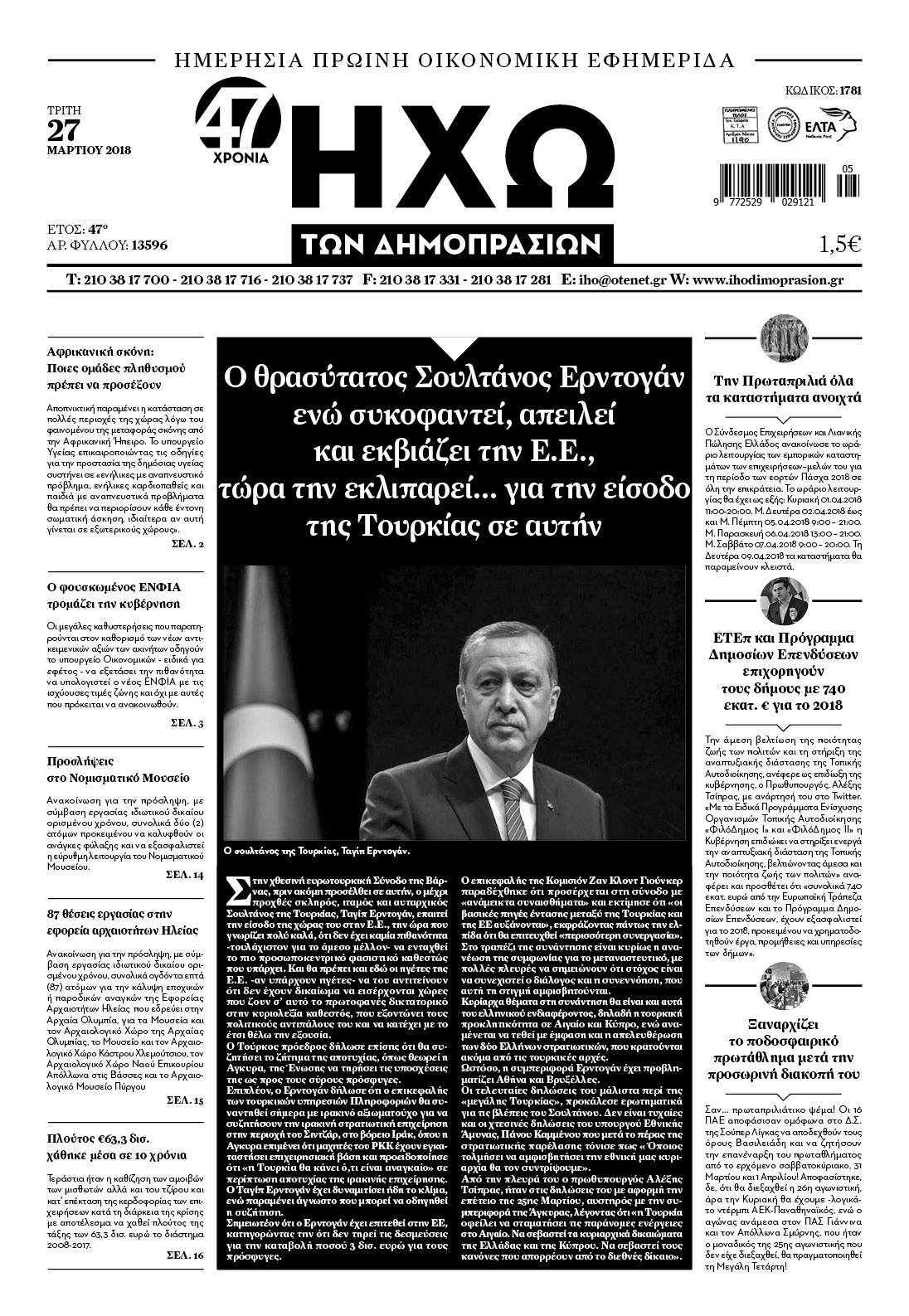 Πρωτοσέλιδο εφημερίδας Ηχώ