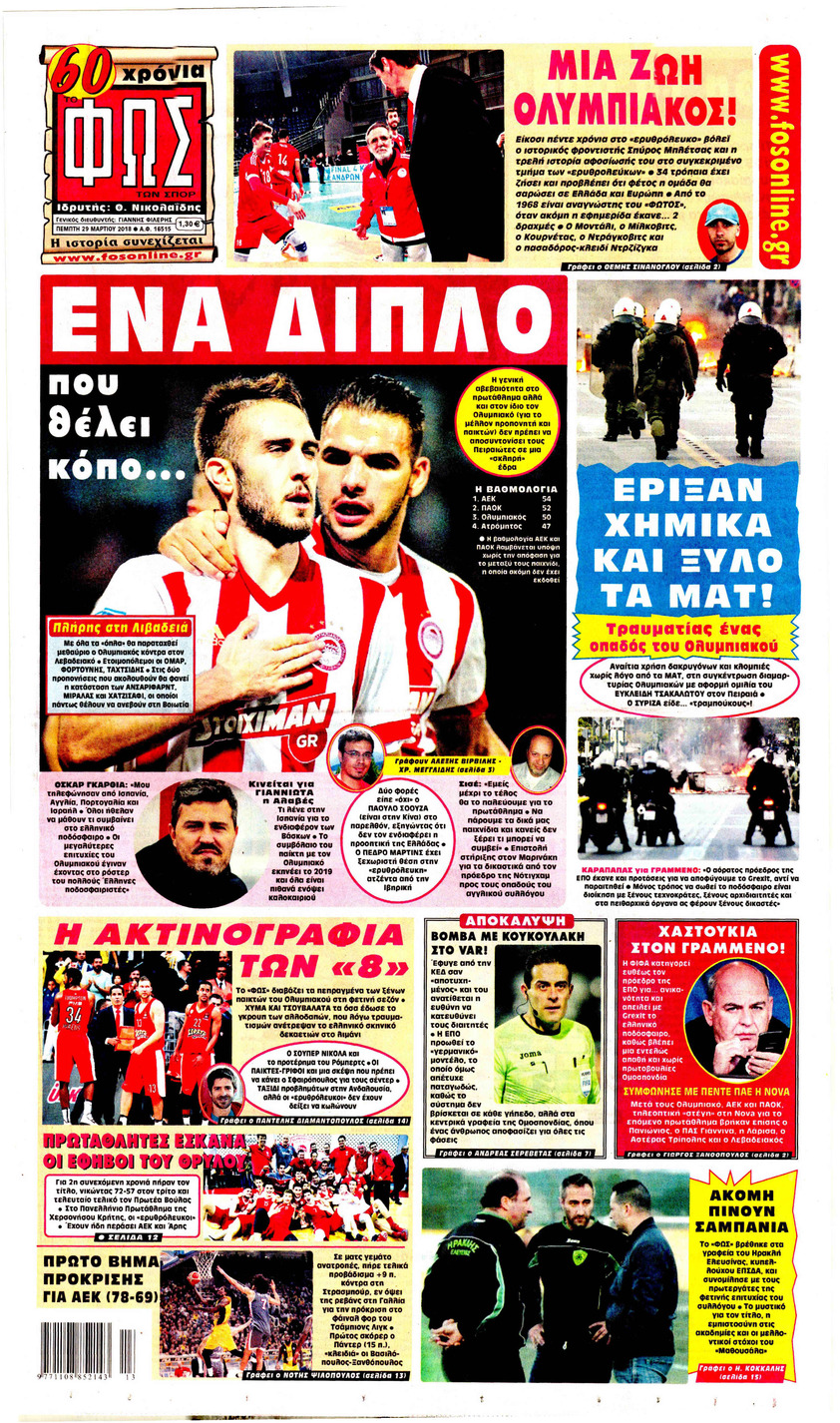Πρωτοσέλιδο εφημερίδας Φως των σπορ