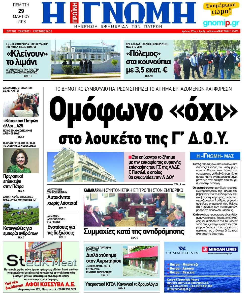 Πρωτοσέλιδο εφημερίδας Γνώμη της Πάτρας