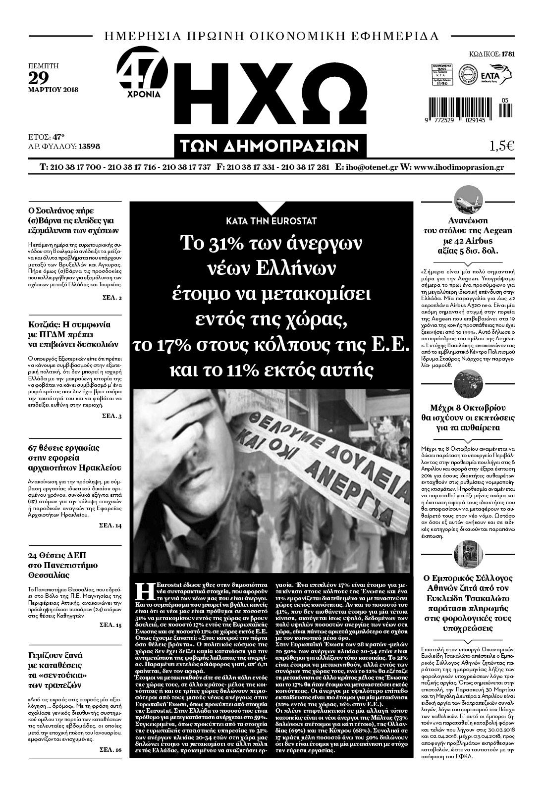 Πρωτοσέλιδο εφημερίδας Ηχώ