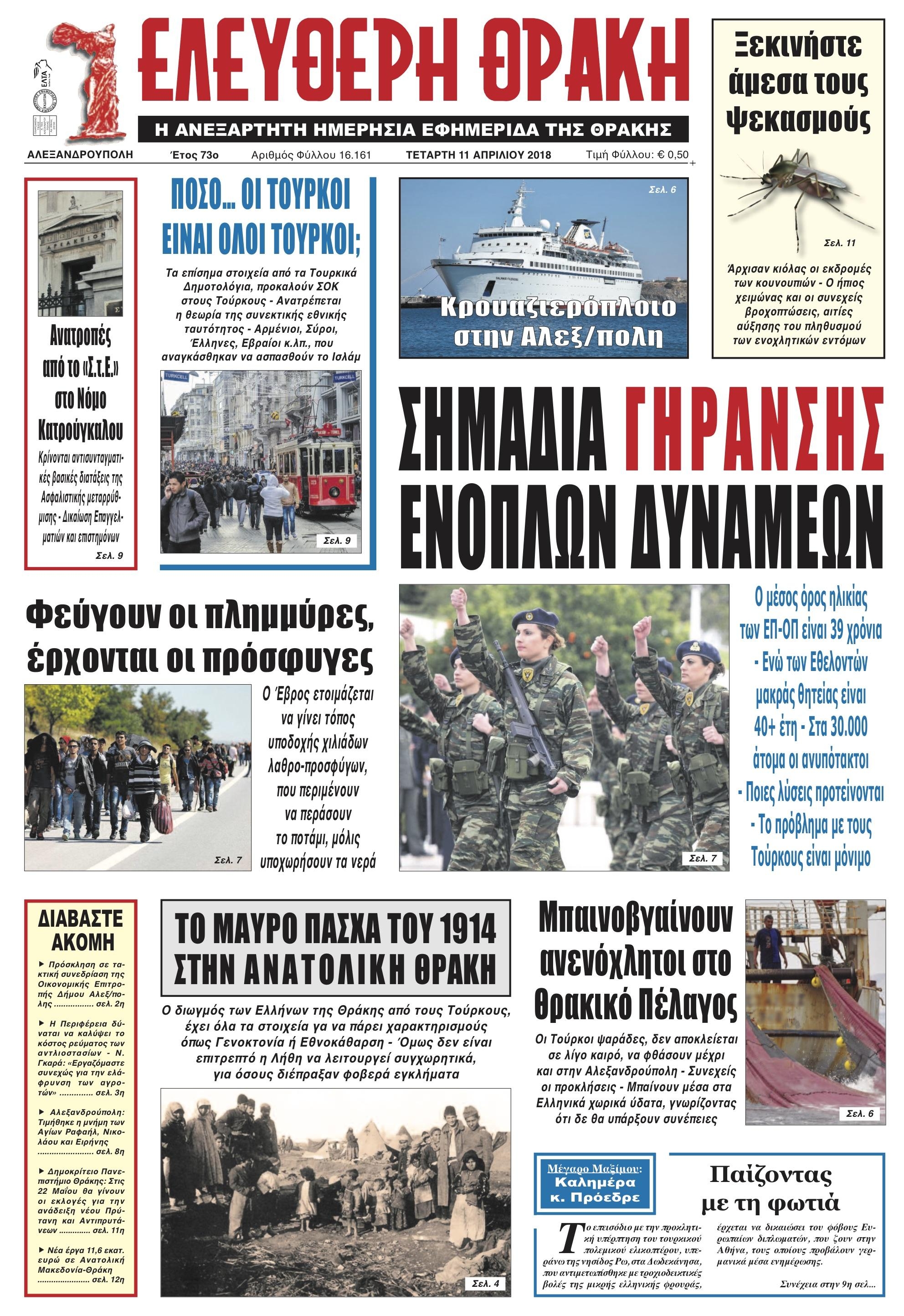 Πρωτοσέλιδο εφημερίδας Ελεύθερη Θράκη