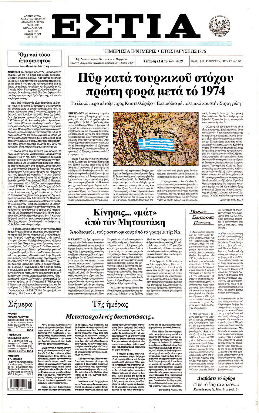 Πρωτοσέλιδο εφημερίδας Εστία