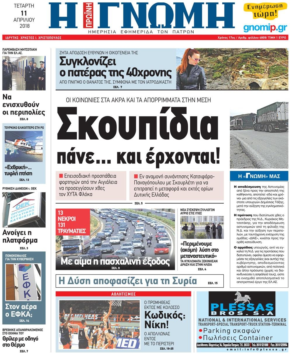 Πρωτοσέλιδο εφημερίδας Γνώμη της Πάτρας
