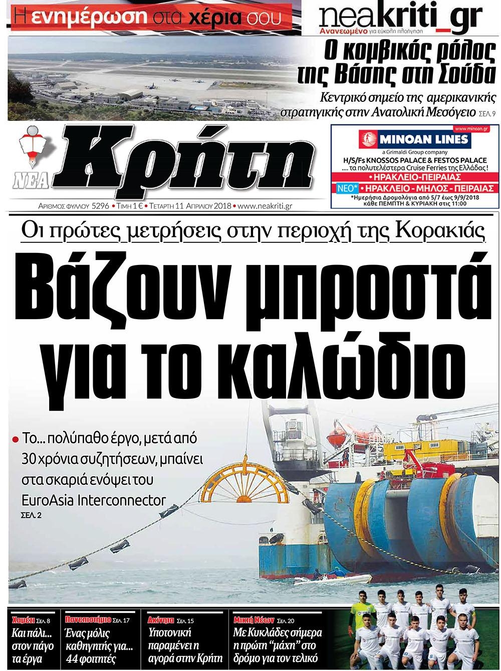 Πρωτοσέλιδο εφημερίδας Νέα Κρήτη