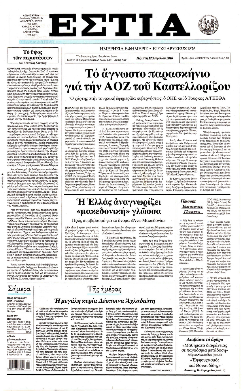 Πρωτοσέλιδο εφημερίδας Εστία