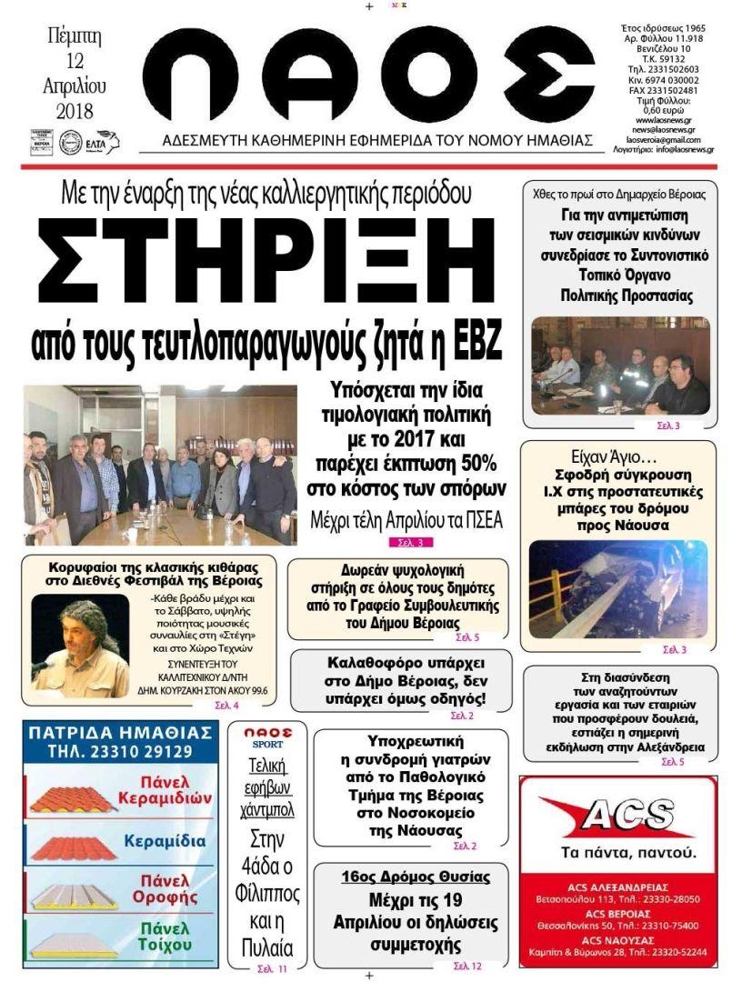 Πρωτοσέλιδο εφημερίδας Λαός Βέροιας