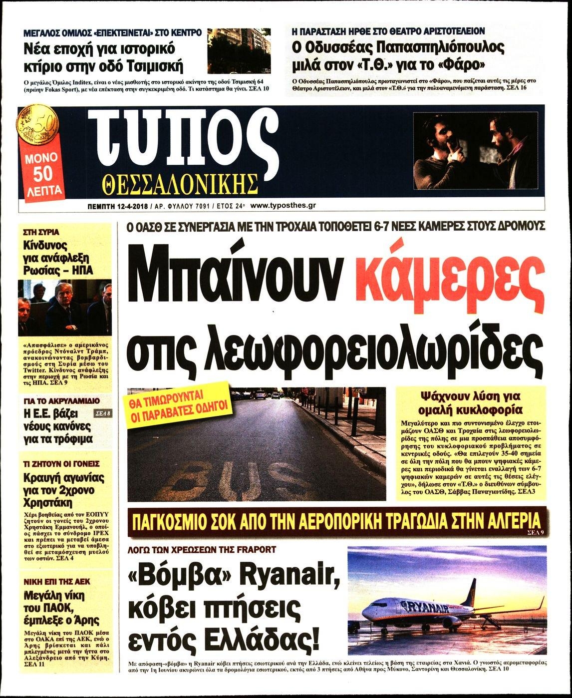 Πρωτοσέλιδο εφημερίδας Τύπος Θεσσαλονίκης