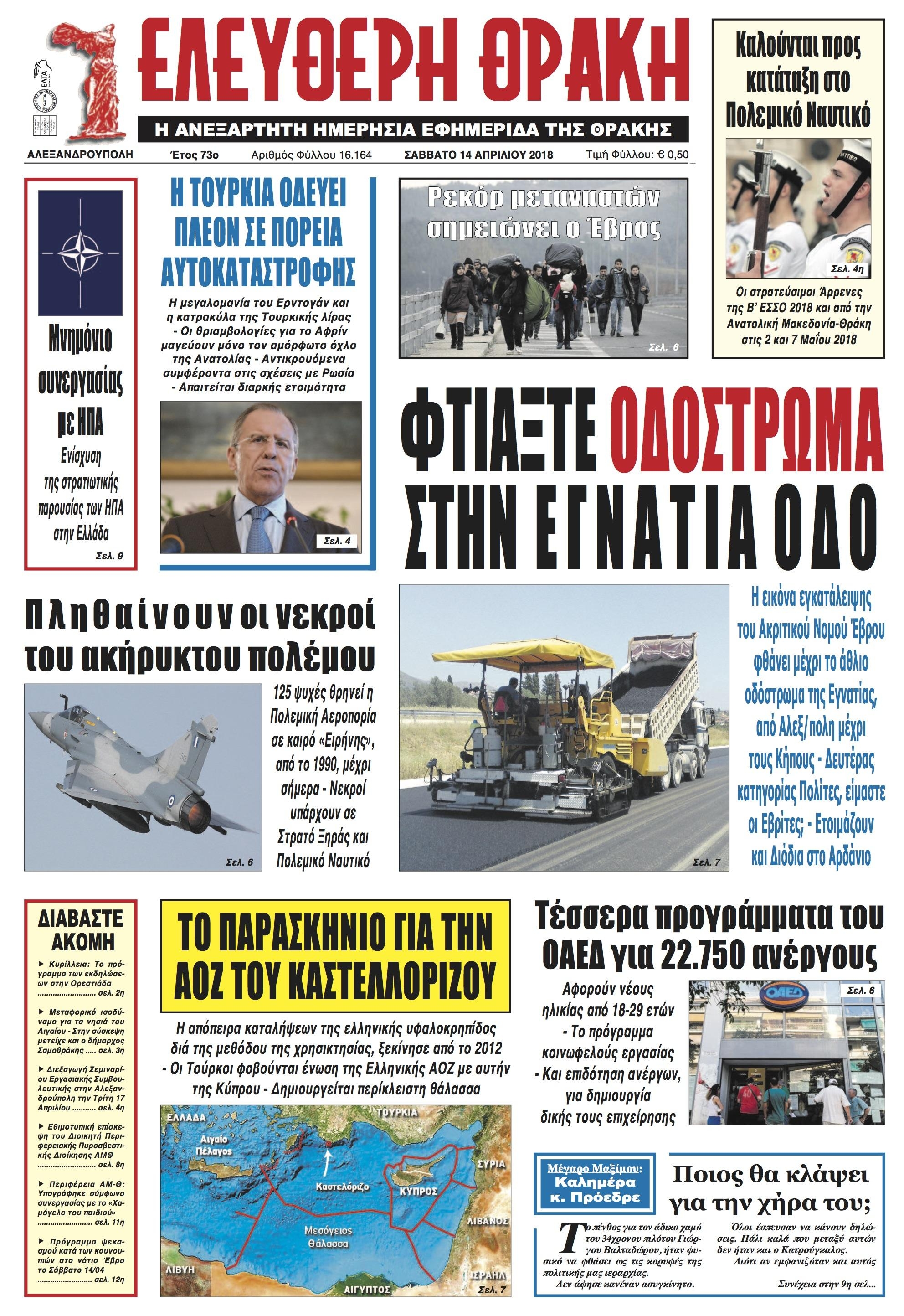 Πρωτοσέλιδο εφημερίδας Ελεύθερη Θράκη