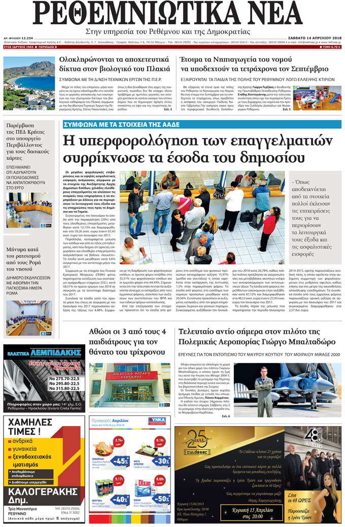 Πρωτοσέλιδο εφημερίδας Ρεθεμνιώτικα Νέα