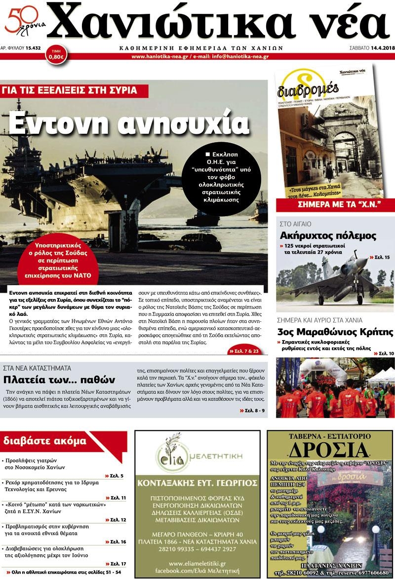 Πρωτοσέλιδο εφημερίδας Χανιώτικα Νέα