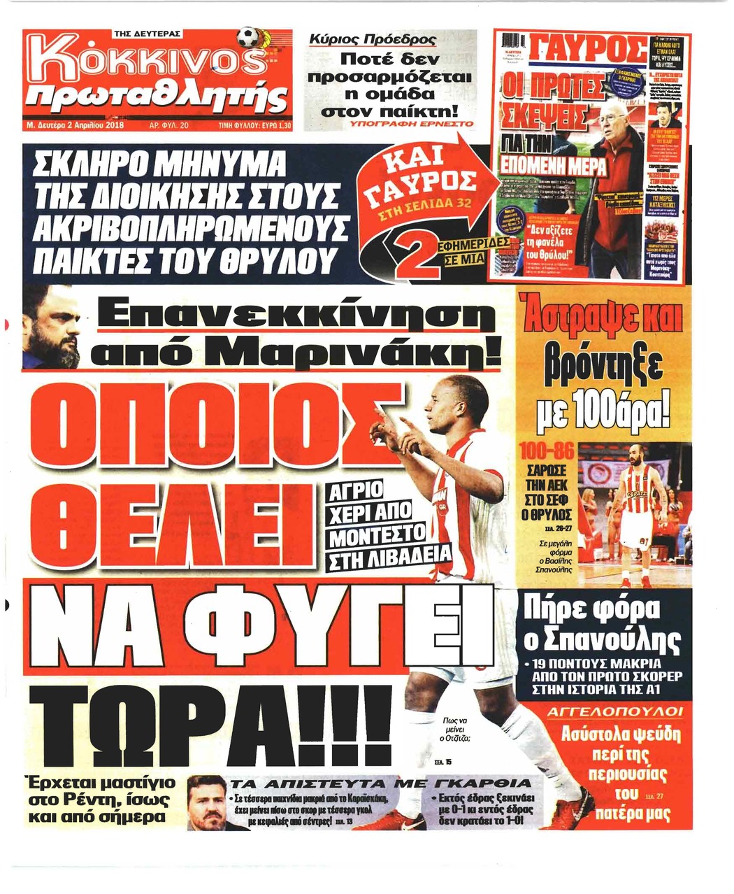 Πρωτοσέλιδο εφημερίδας Κόκκινος Πρωταθλητής