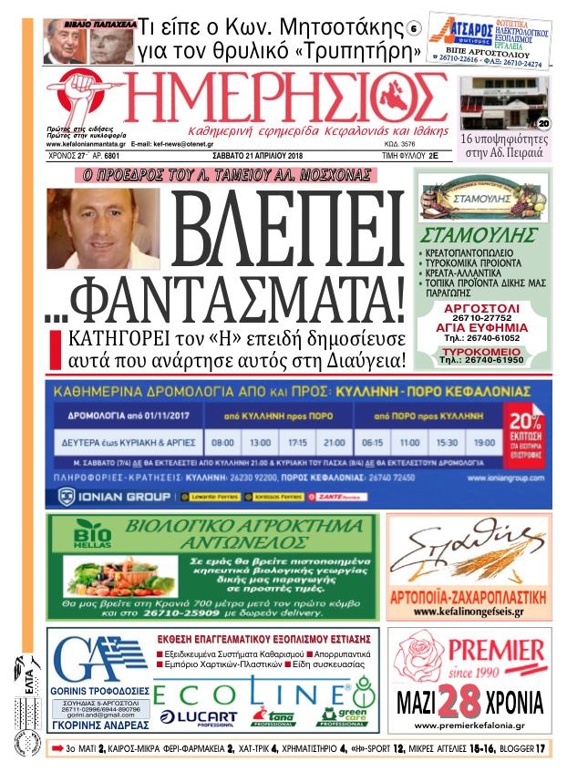 Πρωτοσέλιδο εφημερίδας Ημερήσιος