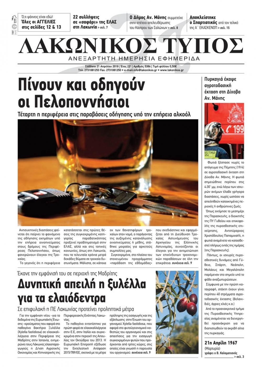 Πρωτοσέλιδο εφημερίδας Λακωνικός Τύπος