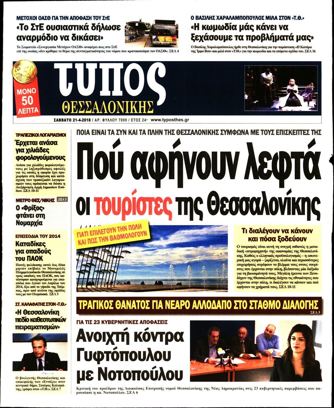 Πρωτοσέλιδο εφημερίδας Τύπος Θεσσαλονίκης