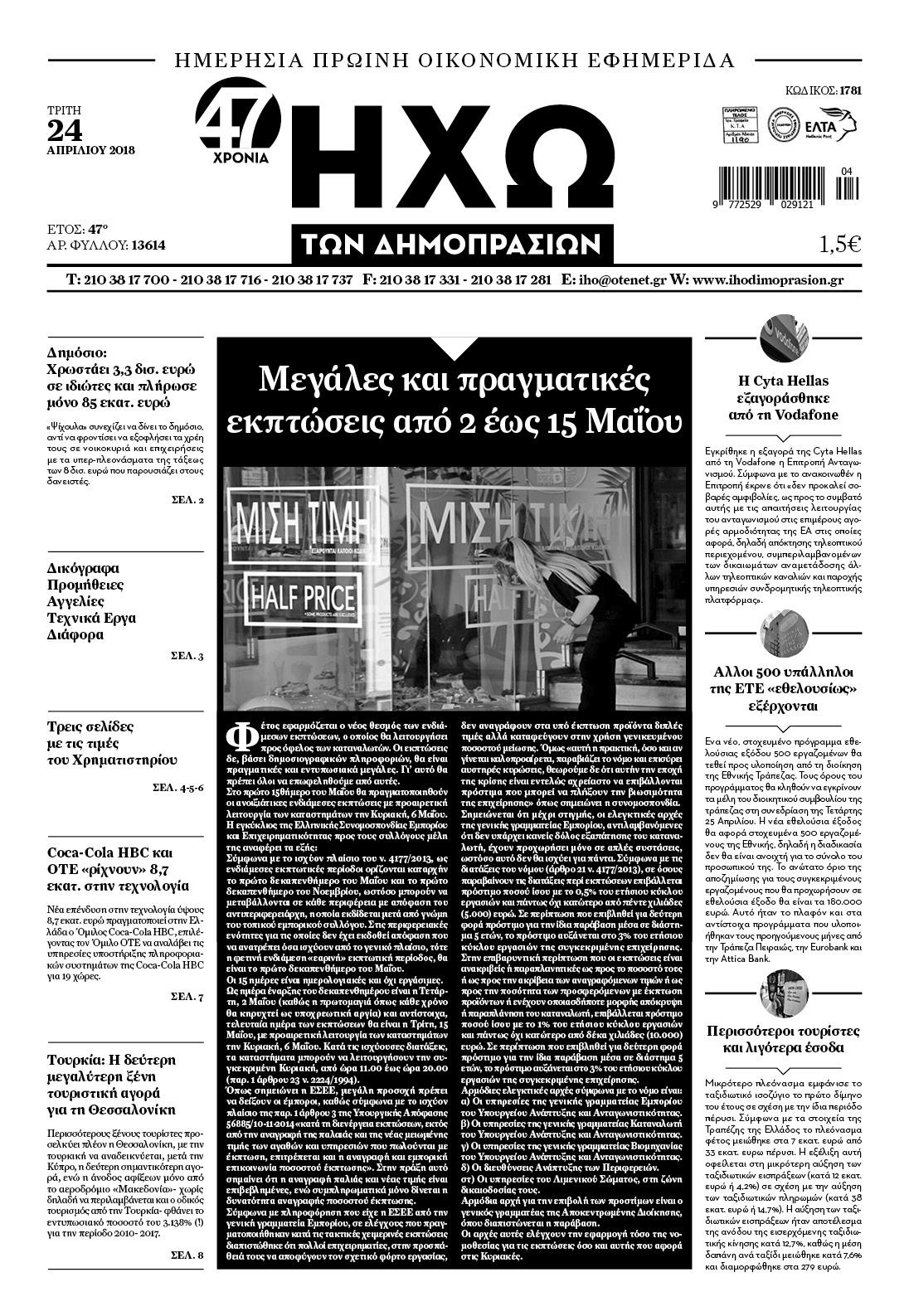 Πρωτοσέλιδο εφημερίδας Ηχώ