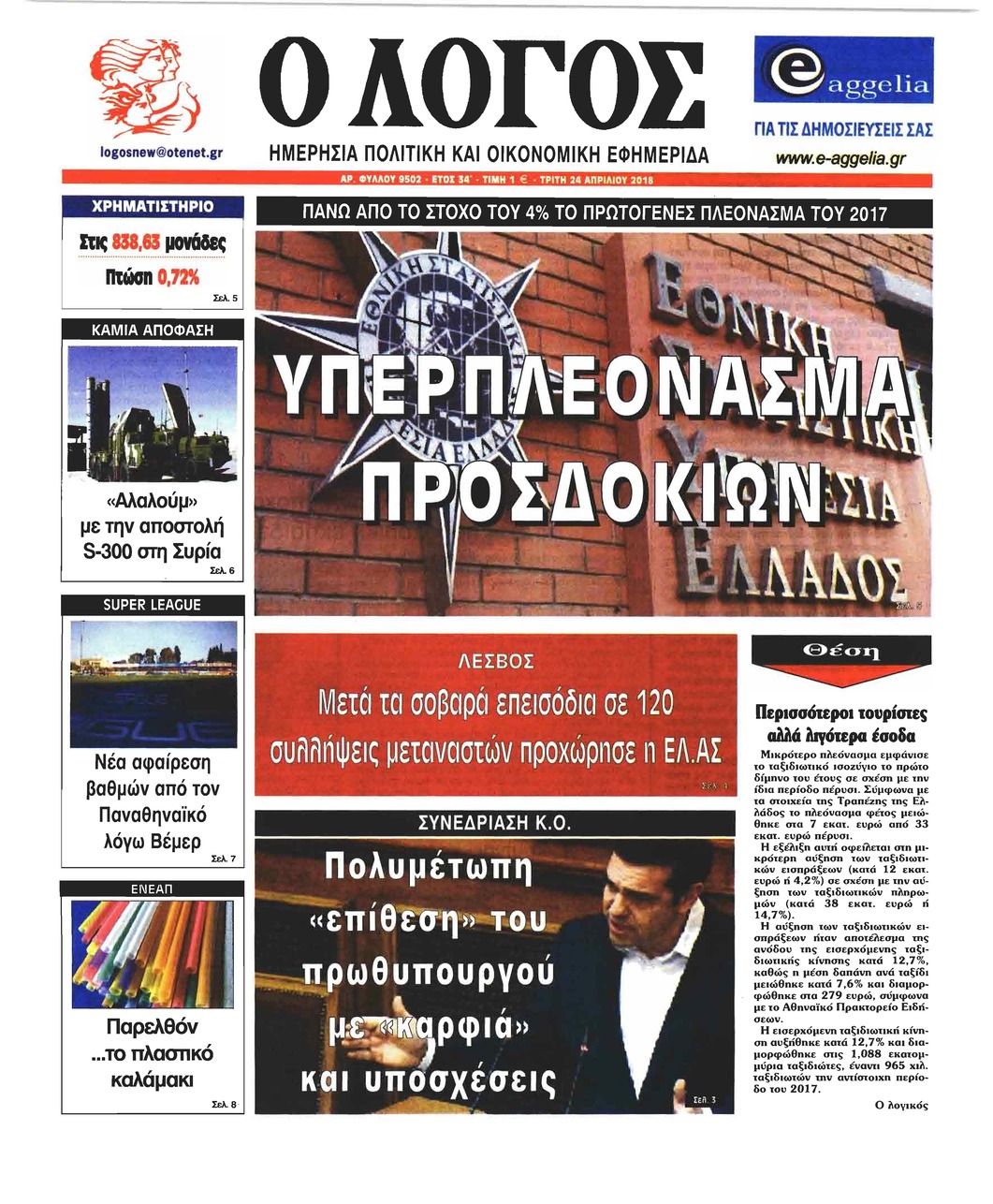 Πρωτοσέλιδο εφημερίδας Λόγος