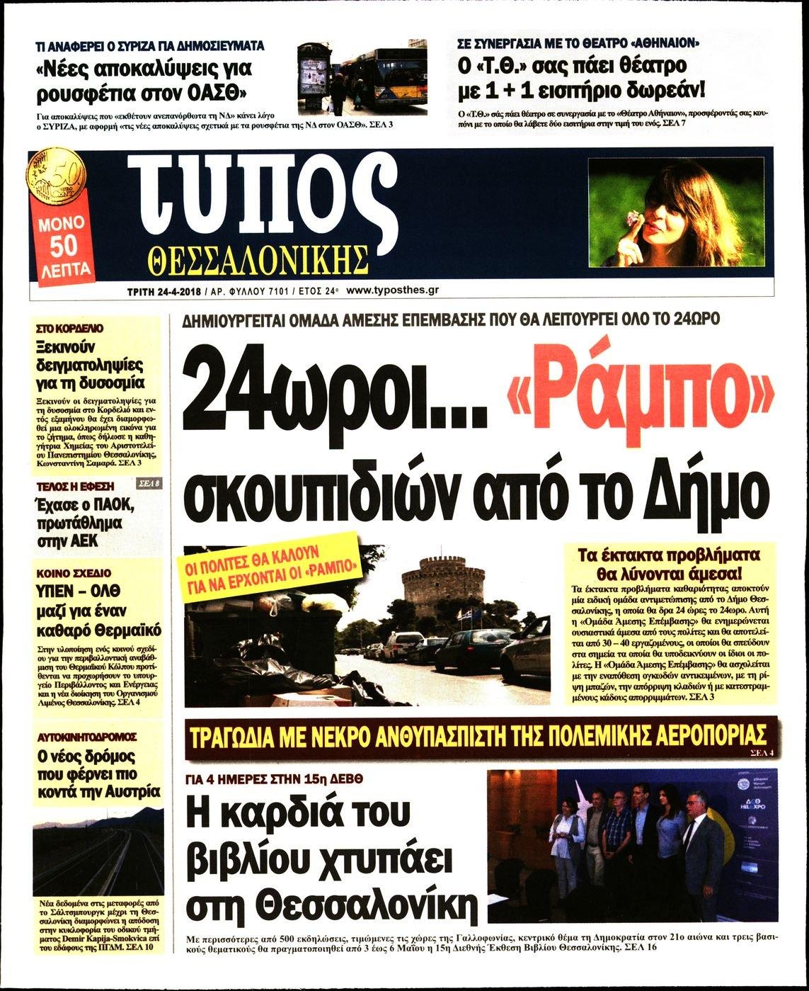 Πρωτοσέλιδο εφημερίδας Τύπος Θεσσαλονίκης