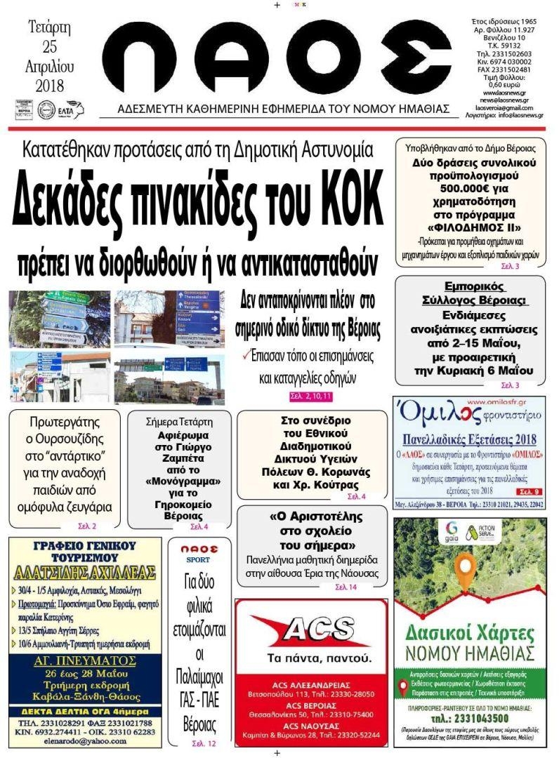 Πρωτοσέλιδο εφημερίδας Λαός Βέροιας